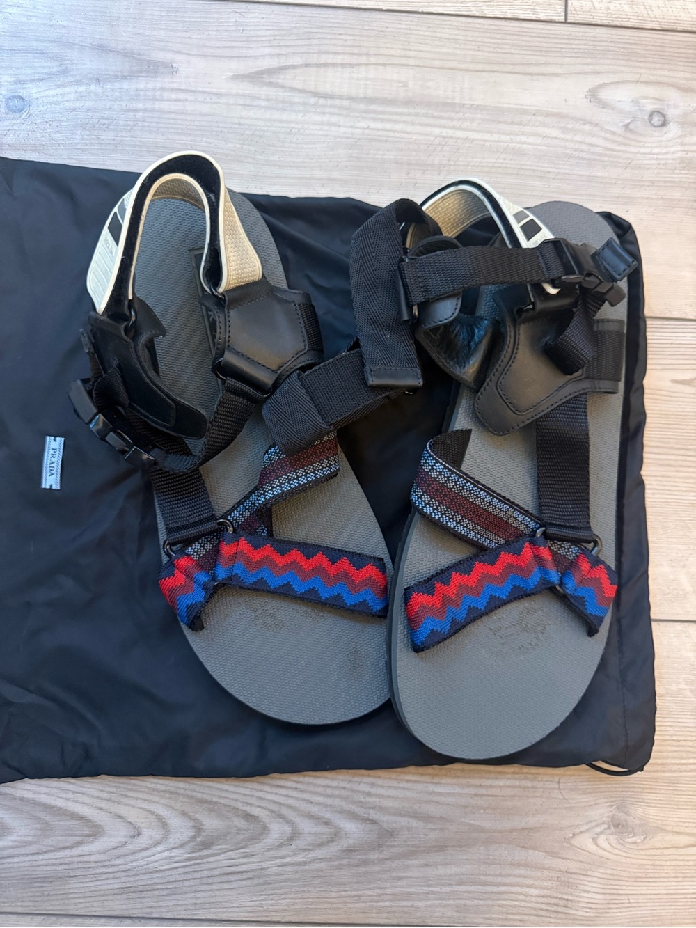 Prada Black Sandals with Red and Blue Zigzag Straps